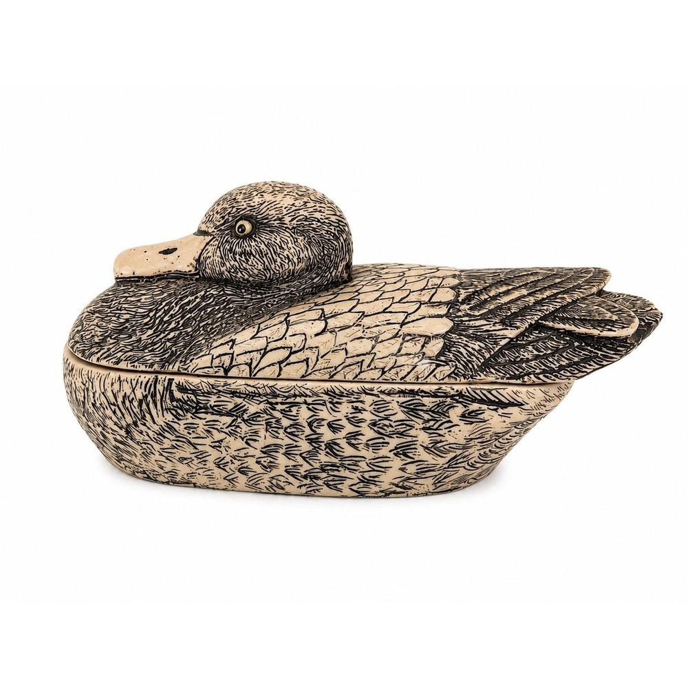 Vintage COMOY'S of London Faux Scrimshaw Duck Trinket Box w/Lid England Mallard
